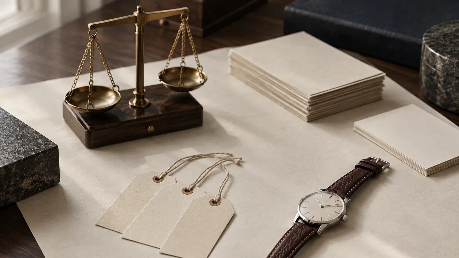 Eine markenneutrale Armbanduhr liegt klein auf hellem Werkstattpapier, daneben leere Preisschilder, eine kleine Messingwaage und ein Stapel unbeschrifteter Karten unter hellem, neutralem Licht.