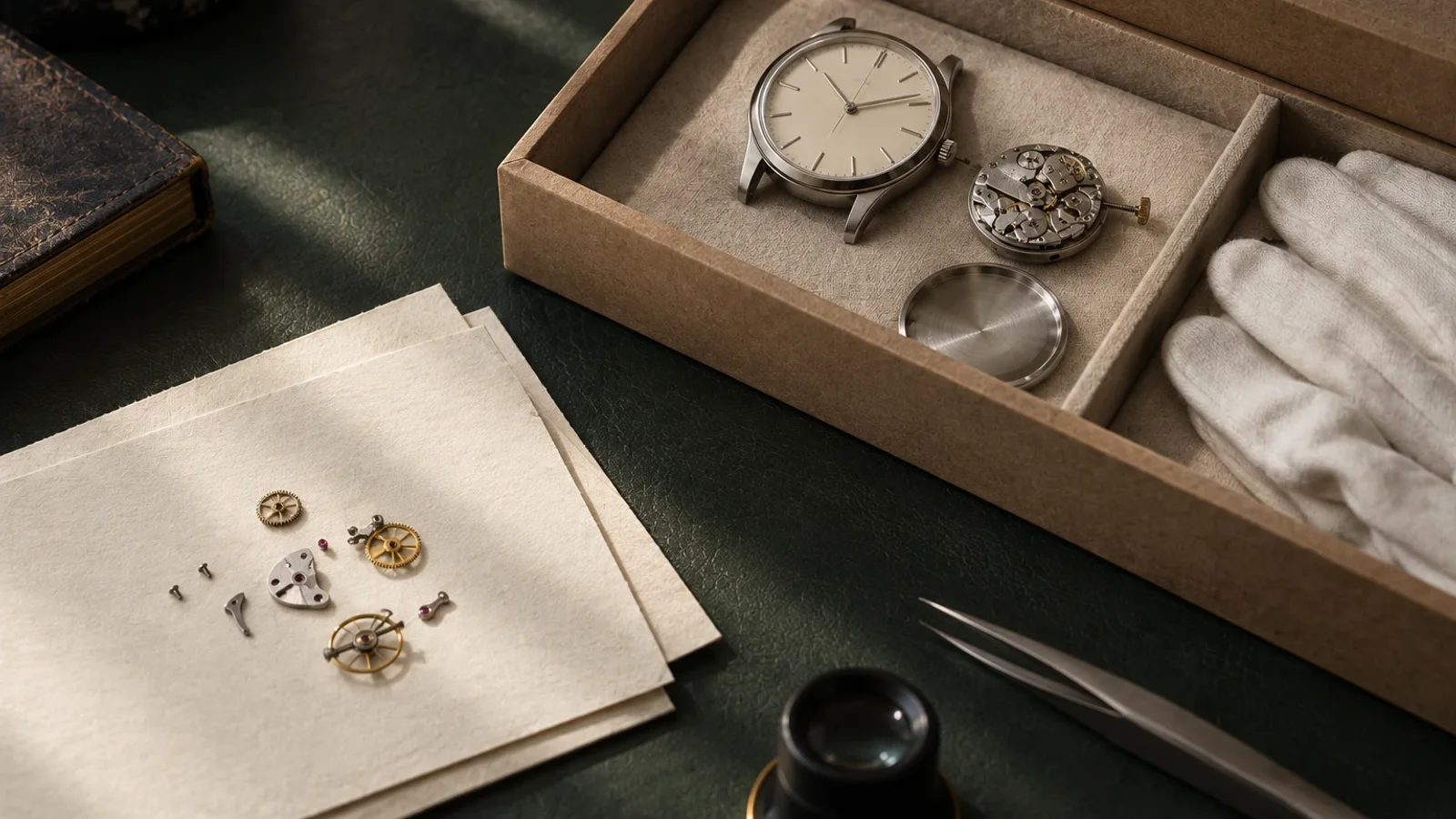 Dokumentation von Uhrenteilen nach einem Service: Zerlegte Uhr auf Archivbox, weiße Baumwollhandschuhe und Notizpapier auf grünem Leder.