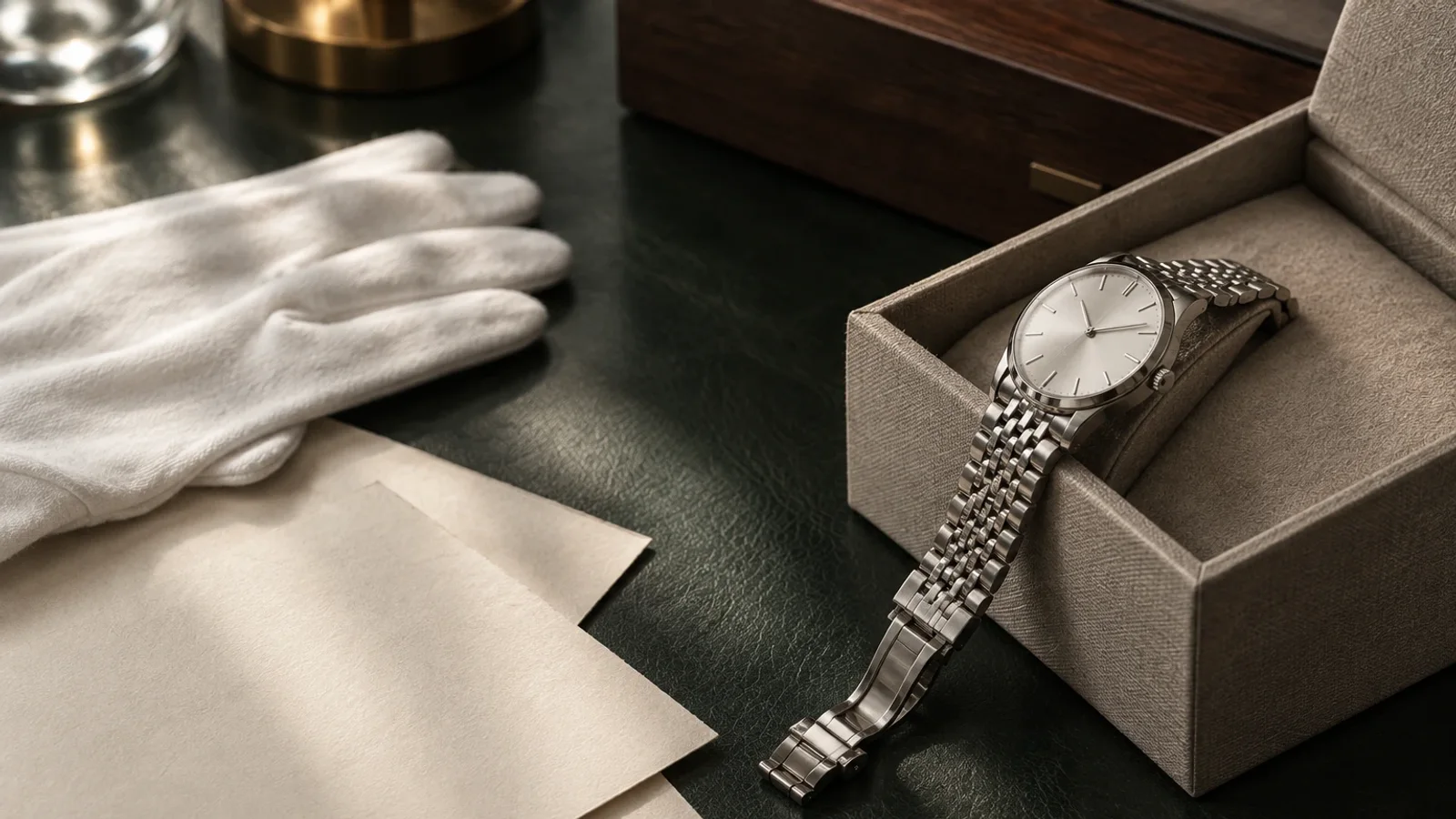 Archivalische Nahaufnahme einer markenneutralen Armbanduhr mit Gliederband auf dunkelgrünem Leder neben weißen Stoffhandschuhen und Blanko-Papier.