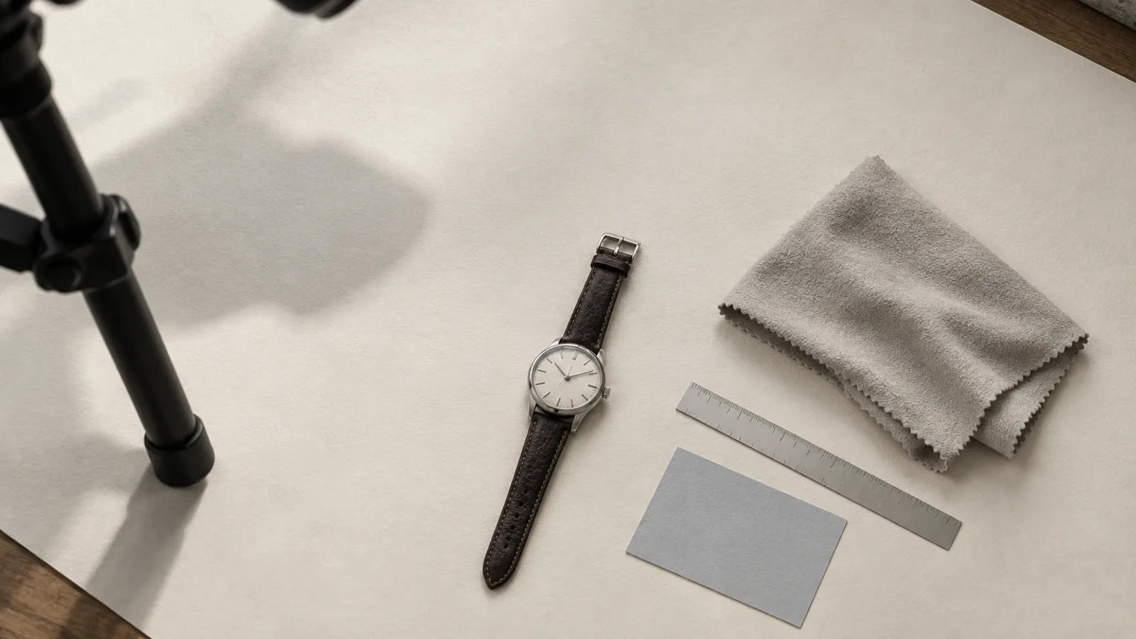 Weite Aufsicht auf cremeweißes Uhrmacherpapier mit einer kleinen, markenlosen Armbanduhr, daneben Mikrofasertuch, Lineal und Graukarte im hellen Werkstattlicht.