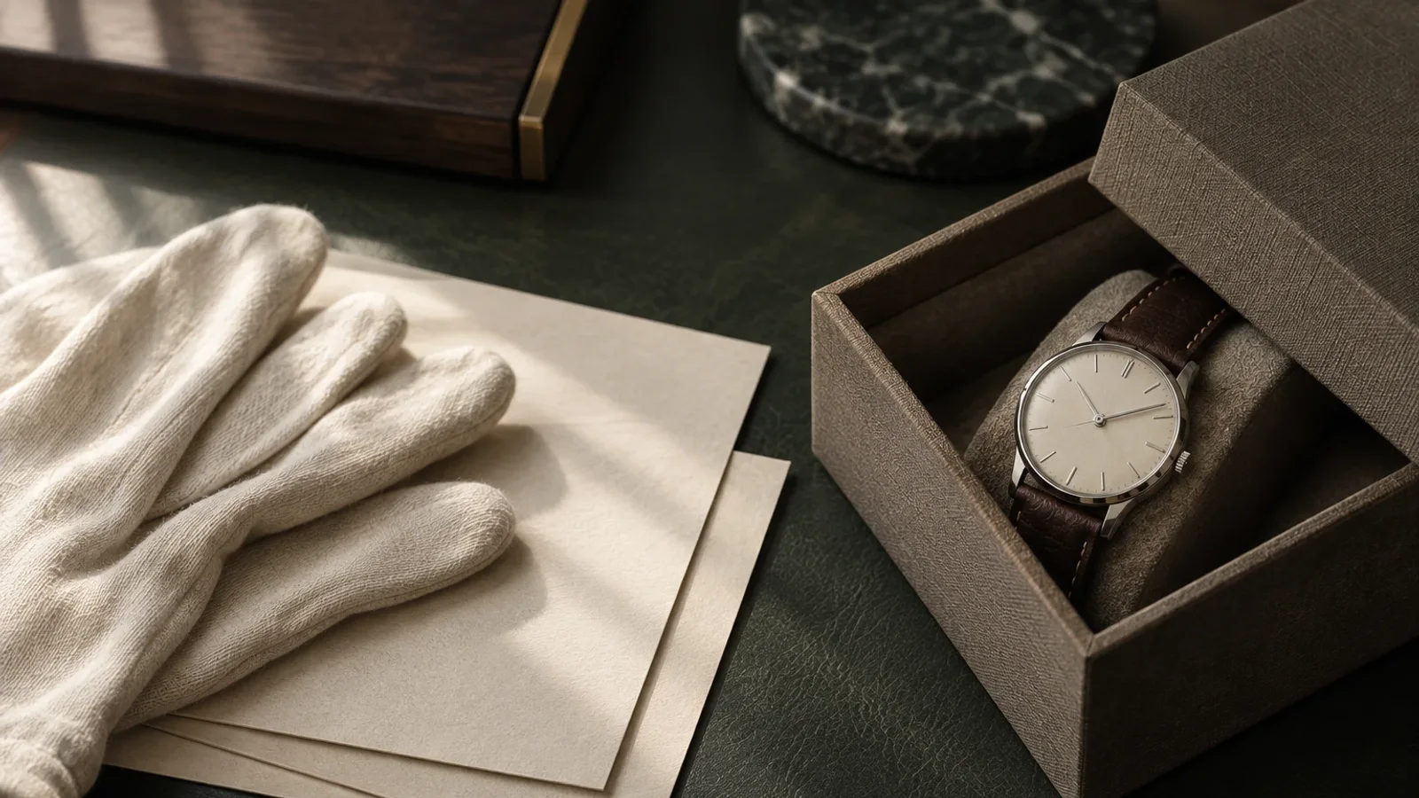 Namenlose Armbanduhr liegt halb in einer geöffneten, schlichten Archivschachtel auf dunkelgrünem Leder, daneben Baumwollhandschuhe und leere cremefarbene Papierbögen.