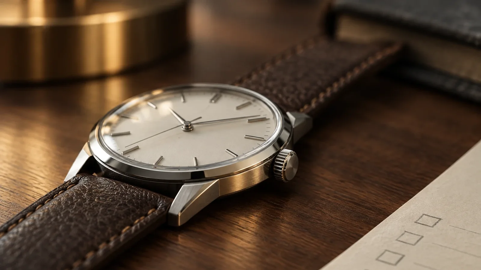 Makroaufnahme auf Augenhöhe: eine markenlose Armbanduhr ragt diagonal von links unten ins Bild, auf warmem Nussbaumholz neben cremefarbenem Notizpapier mit handgezeichneten Kästchen, weiche Messingreflexe auf dem Gehäuse.