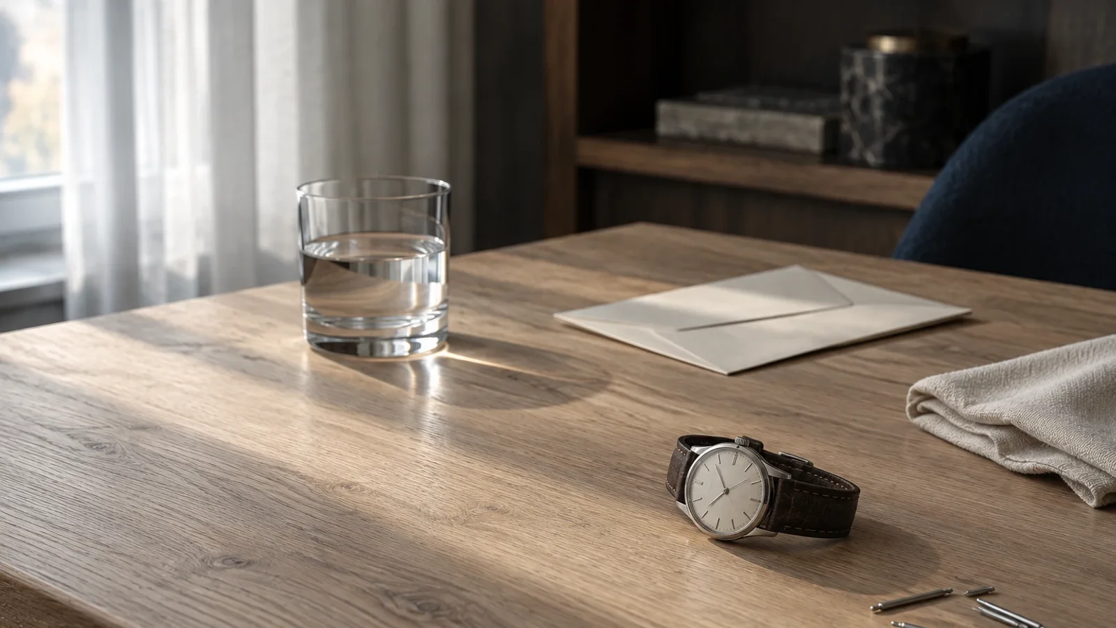 Markenneutrale Uhr mit Unterlagen auf einem Tisch.