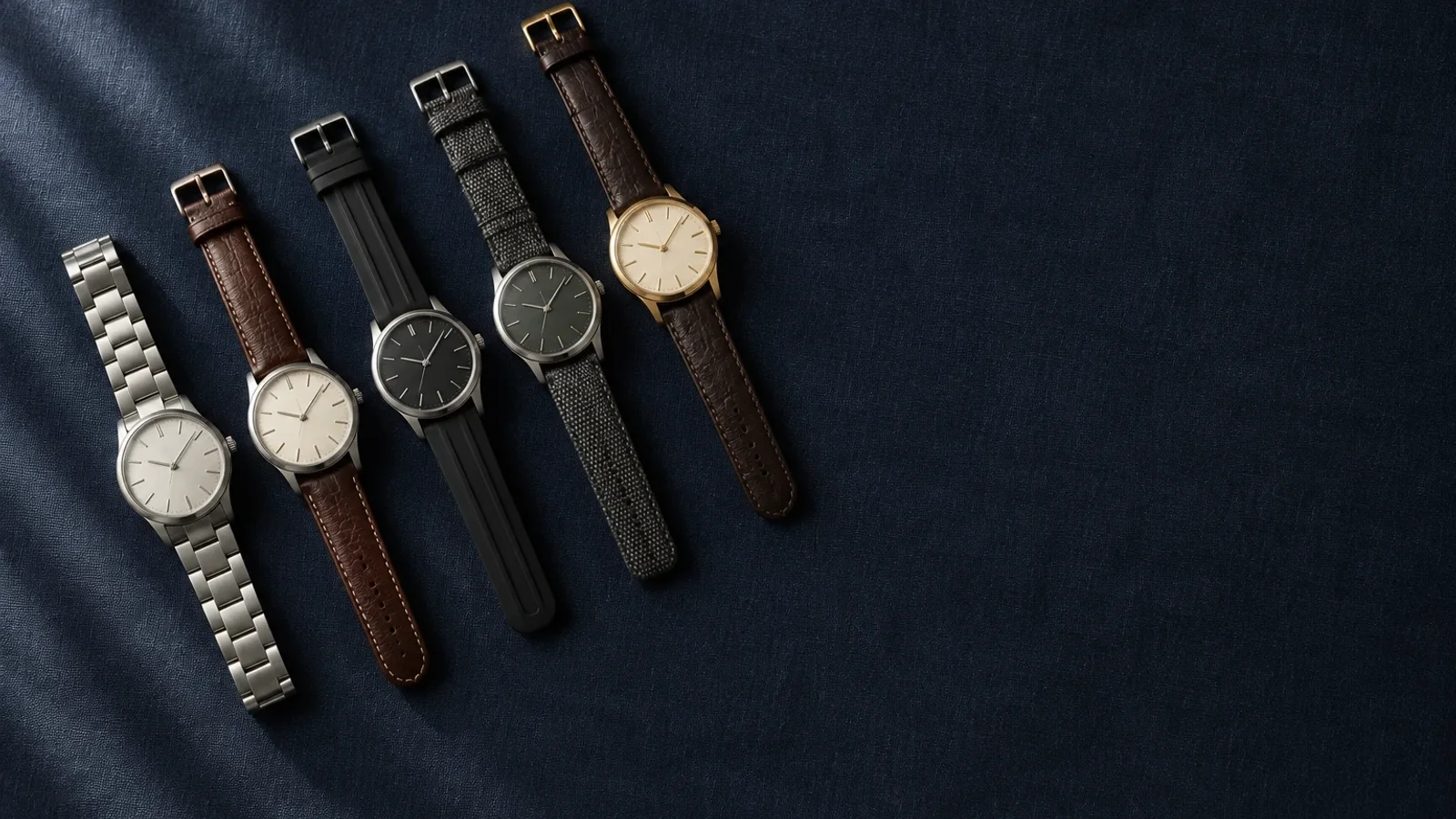 Fünf markenlose Armbanduhren mit unterschiedlichen Bändern liegen in einer Reihe auf dunkelblauem Leinen, rechts viel freie Fläche.